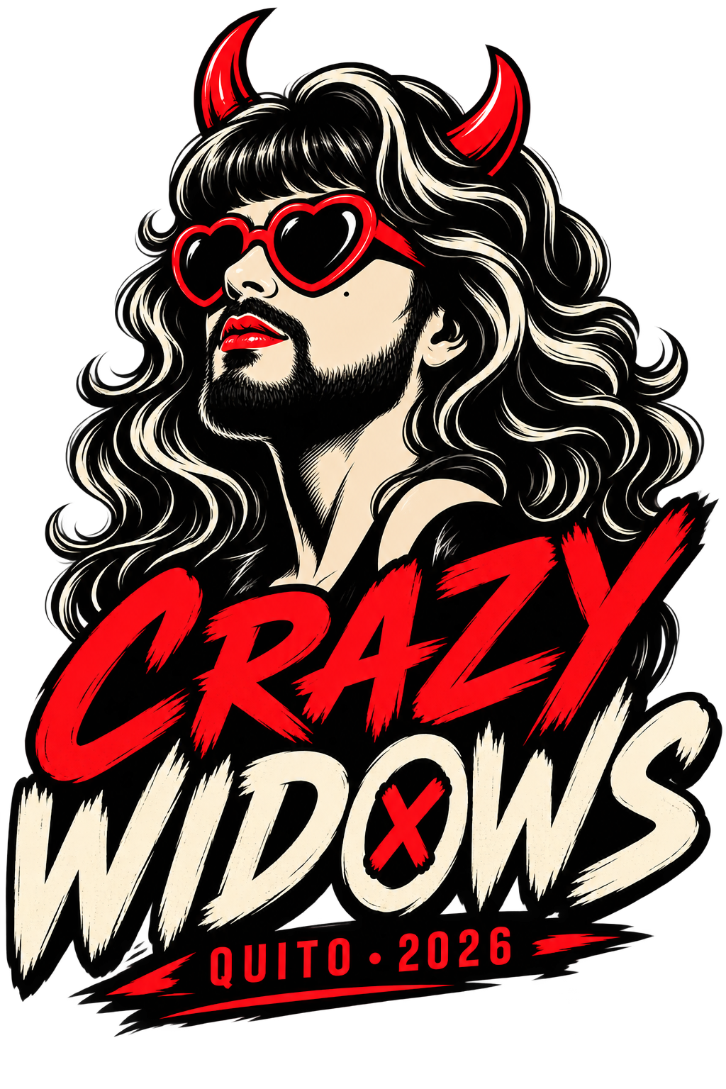 Identidad Crazy Widows: personaje con lentes rojos y lettering en rojo y marfil